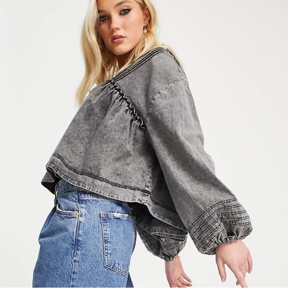 We The Free Free People charlotte smock top washed denim black peplum blouse top - Picture 15 of 15